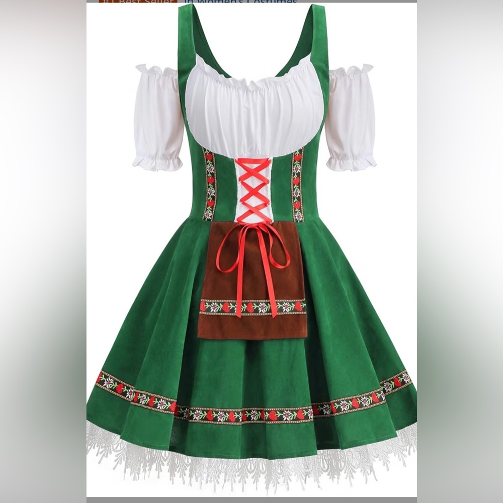 Green Dirndl-Style Mini Dress with Brown Apron